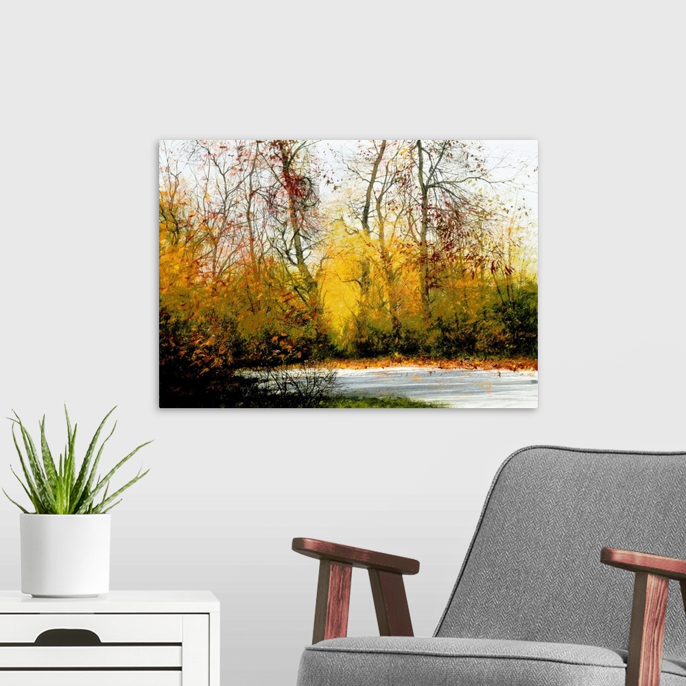 A modern room featuring Contemporary painting of an Autumn landscape with brightly colored trees.