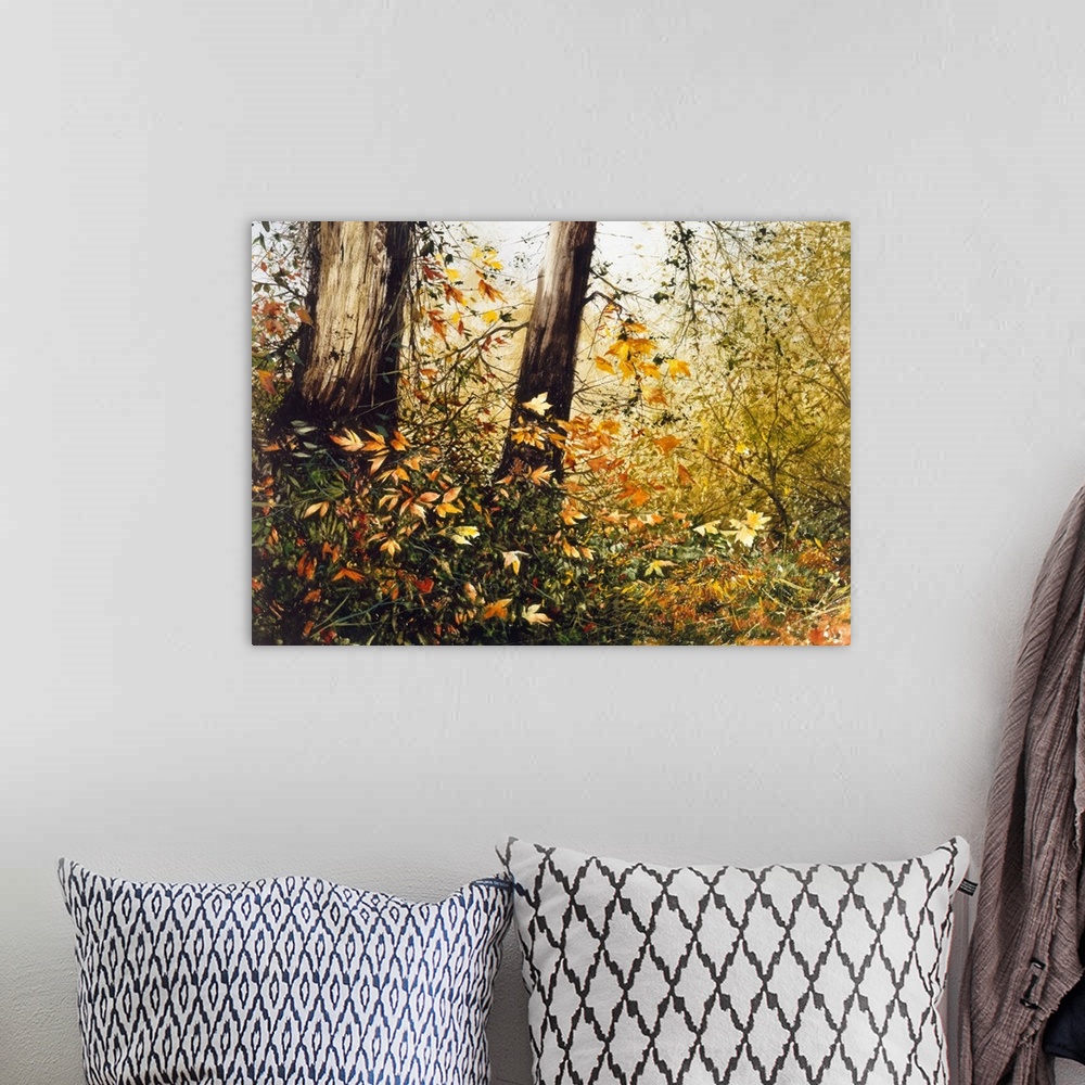 A bohemian room featuring Contemporary painting of Fall leaves blowing in the wind in the middle of the woods.