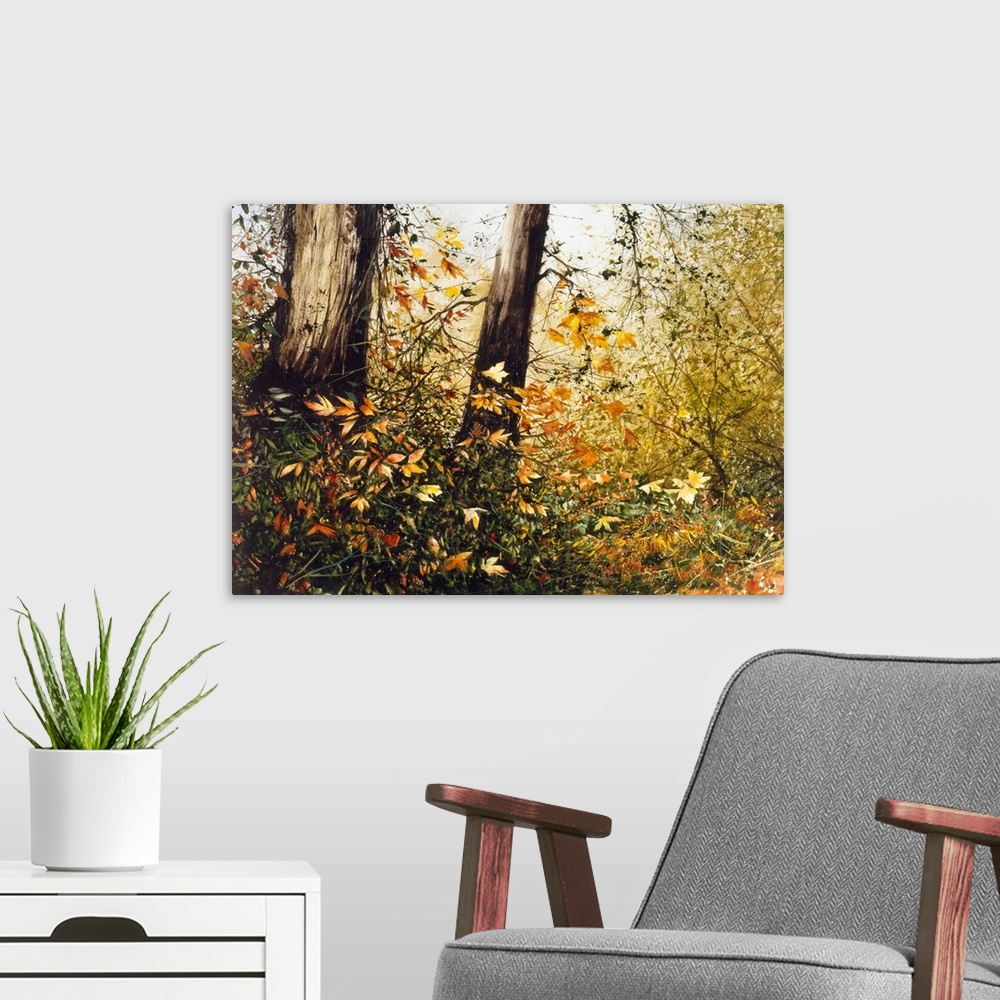A modern room featuring Contemporary painting of Fall leaves blowing in the wind in the middle of the woods.