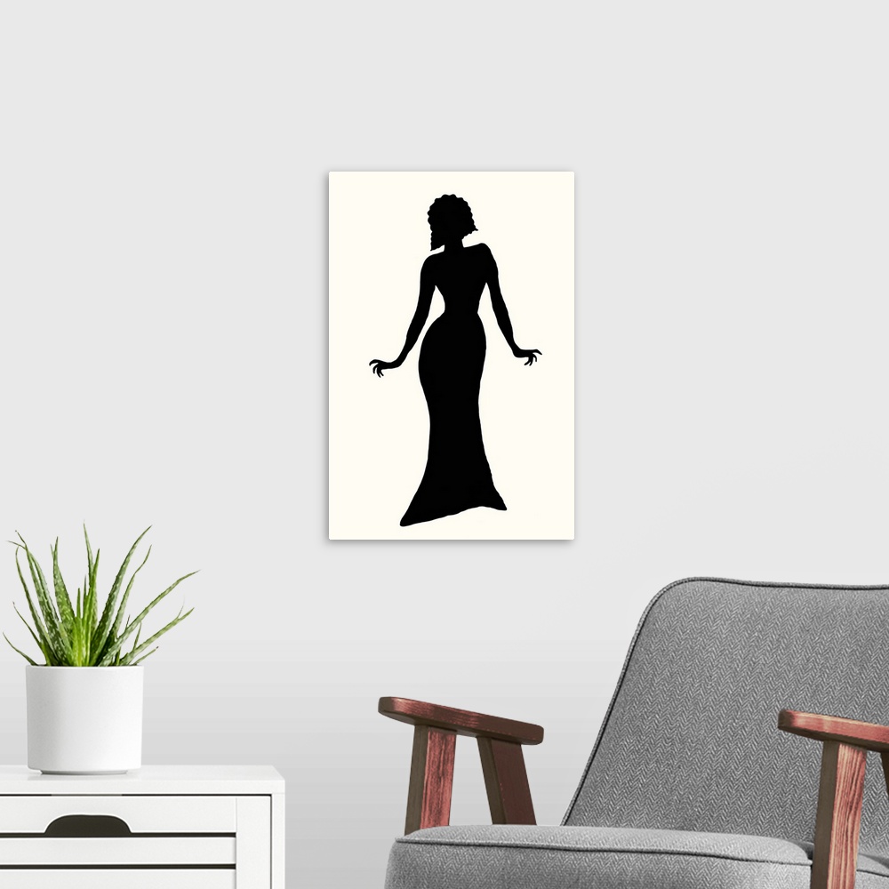 A modern room featuring Black silhouette of a female fashion model on a white background.