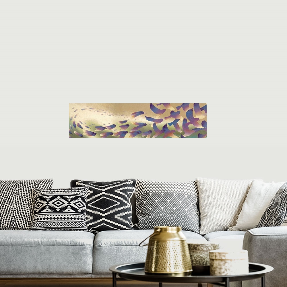 A bohemian room featuring A wide, contemporary wildlife painting by Patrick Howe featuring a swirl of feathers transforming...