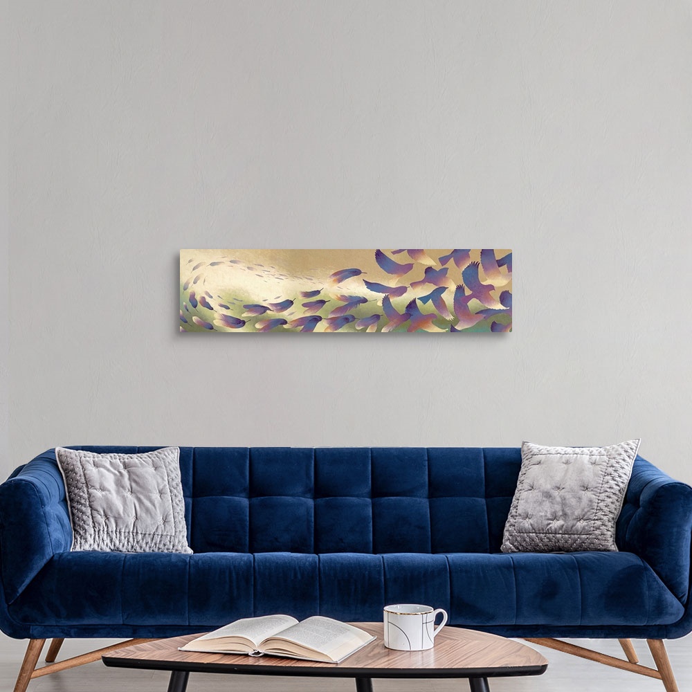 A modern room featuring A wide, contemporary wildlife painting by Patrick Howe featuring a swirl of feathers transforming...