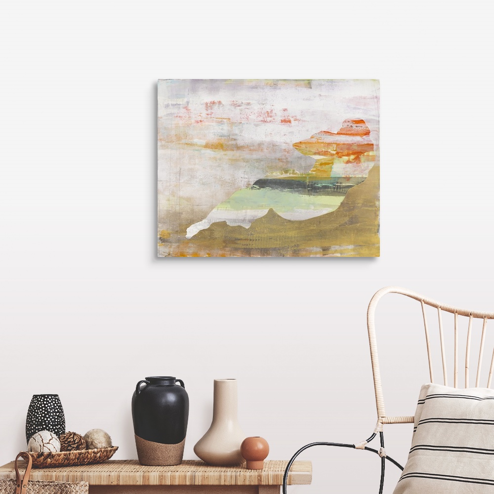 A farmhouse room featuring Colorful abstract painting with a silhouette of a woman relaxing in brighter hues.