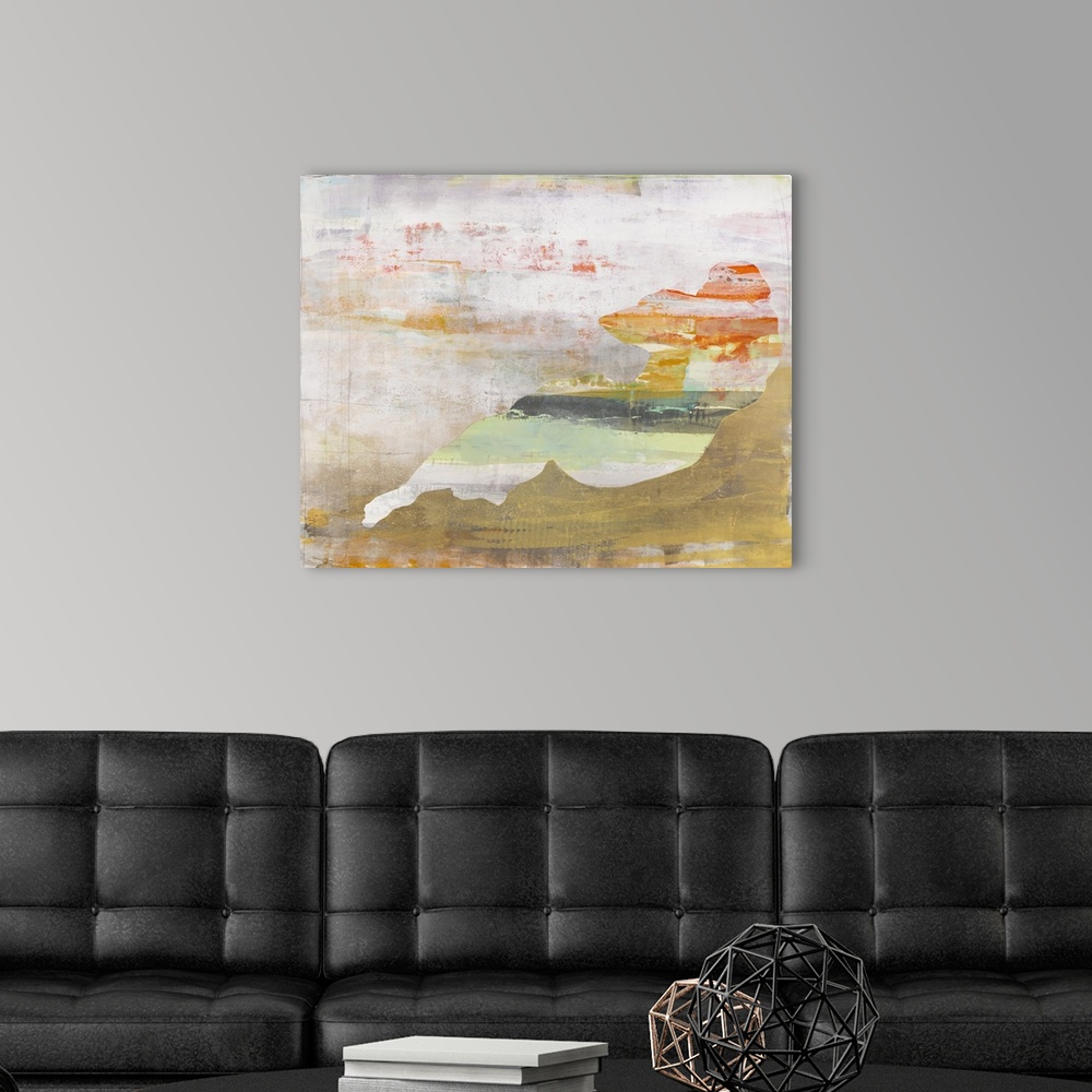 A modern room featuring Colorful abstract painting with a silhouette of a woman relaxing in brighter hues.