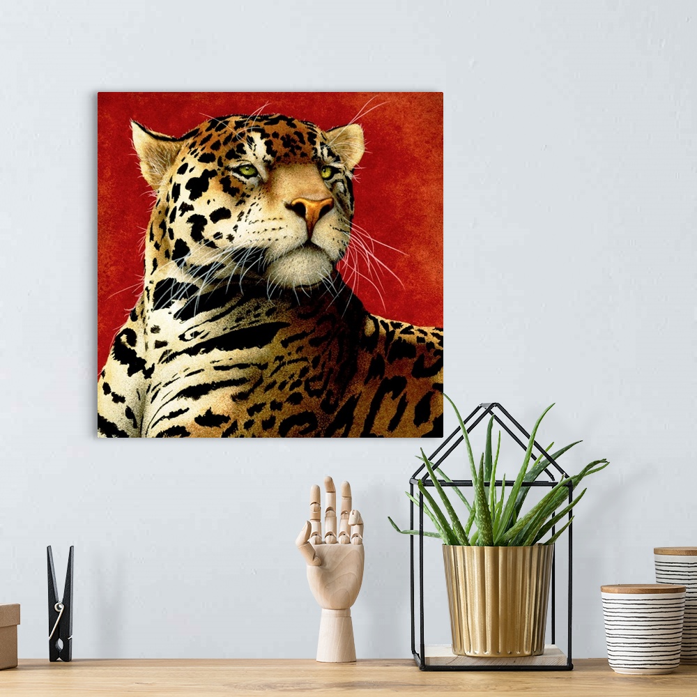 A bohemian room featuring Up-close painting of a cheetah.