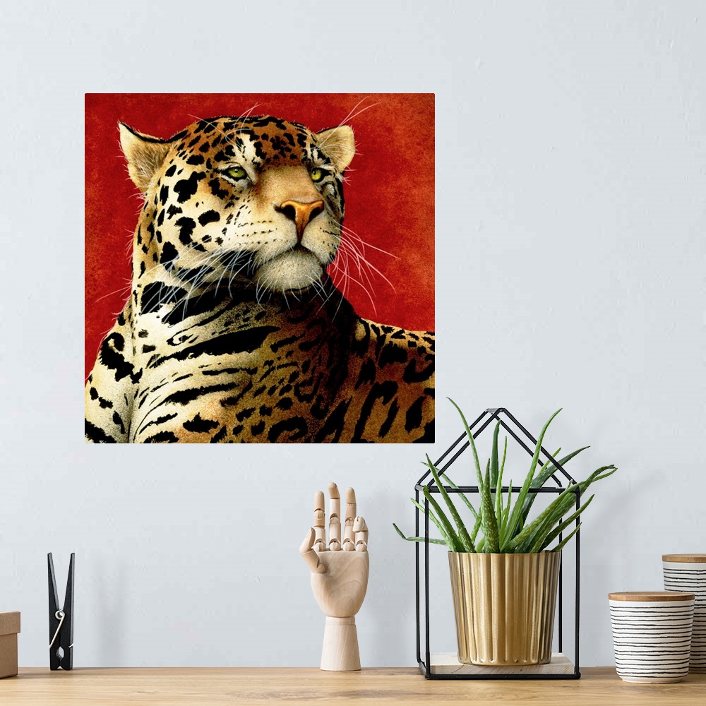 A bohemian room featuring Up-close painting of a cheetah.