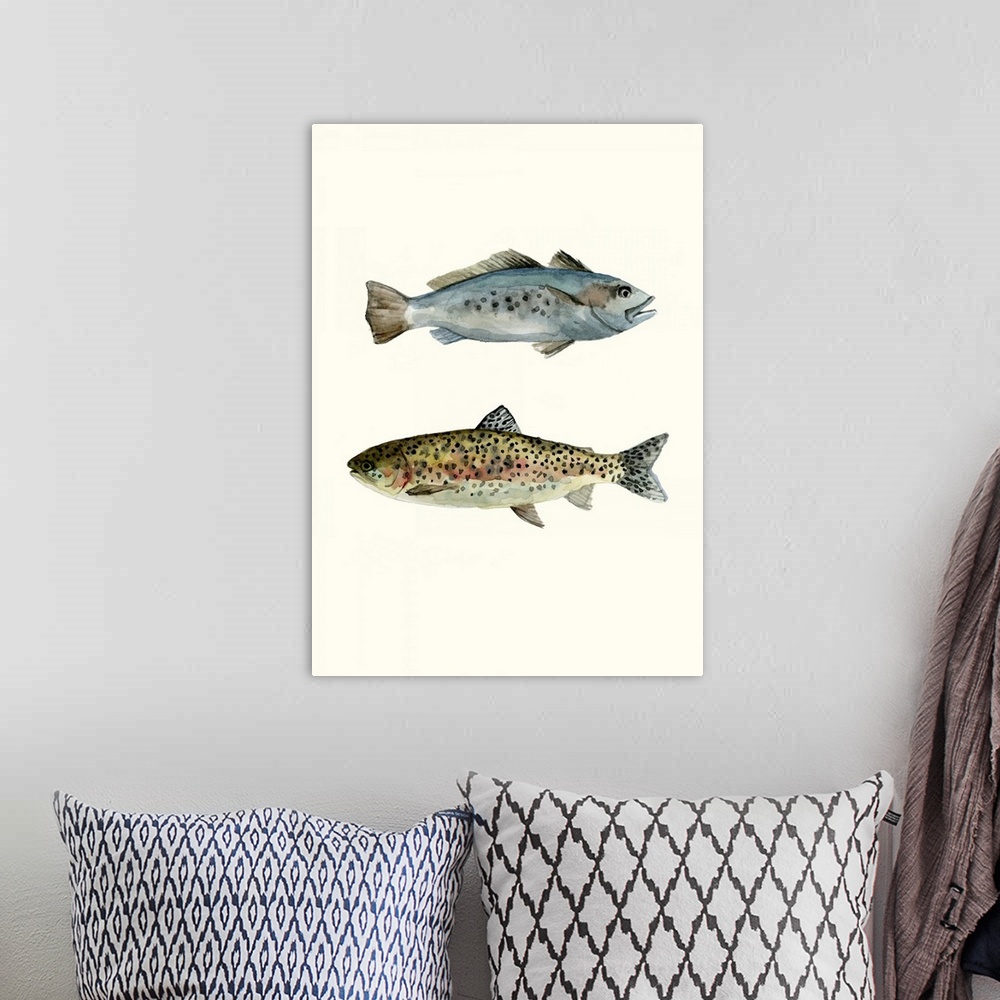 A bohemian room featuring Contemporary watercolor painting of two fish on an off white background.