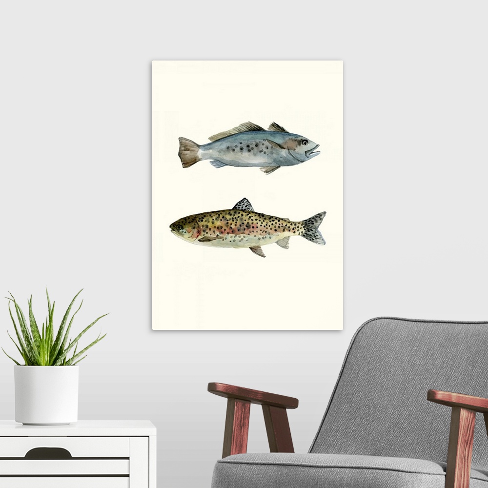 A modern room featuring Contemporary watercolor painting of two fish on an off white background.