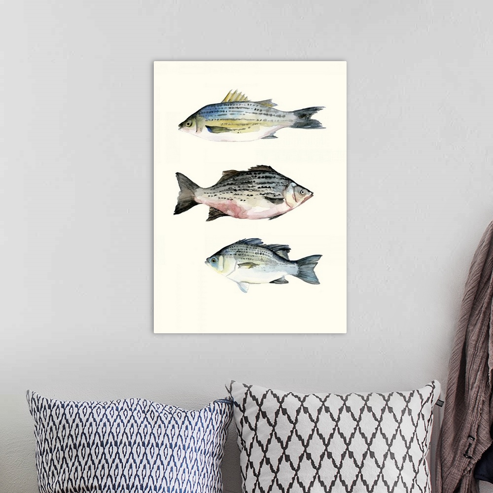 A bohemian room featuring Contemporary watercolor painting of three fish on an off white background.