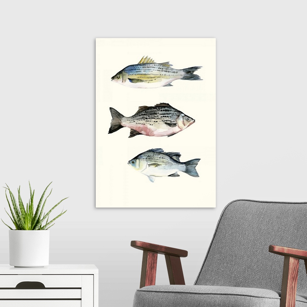 A modern room featuring Contemporary watercolor painting of three fish on an off white background.