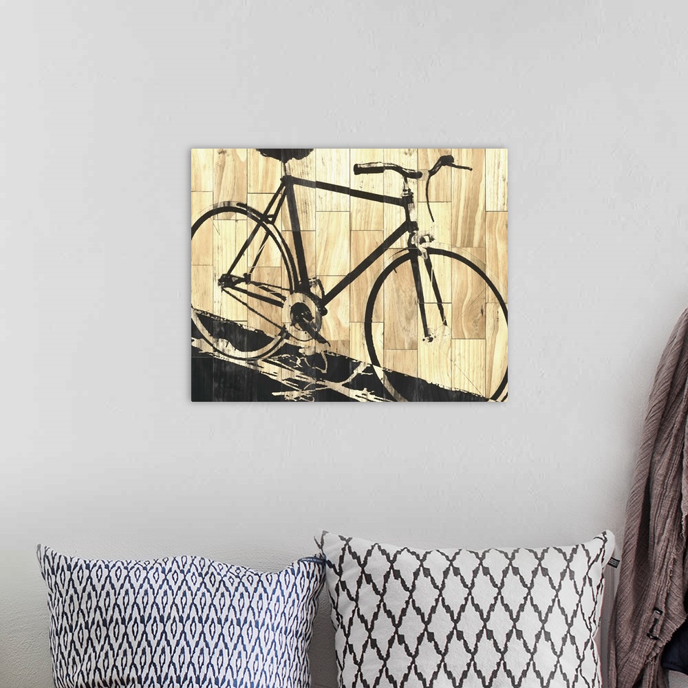 A bohemian room featuring Painting of a bicycle on wooden blocks.
