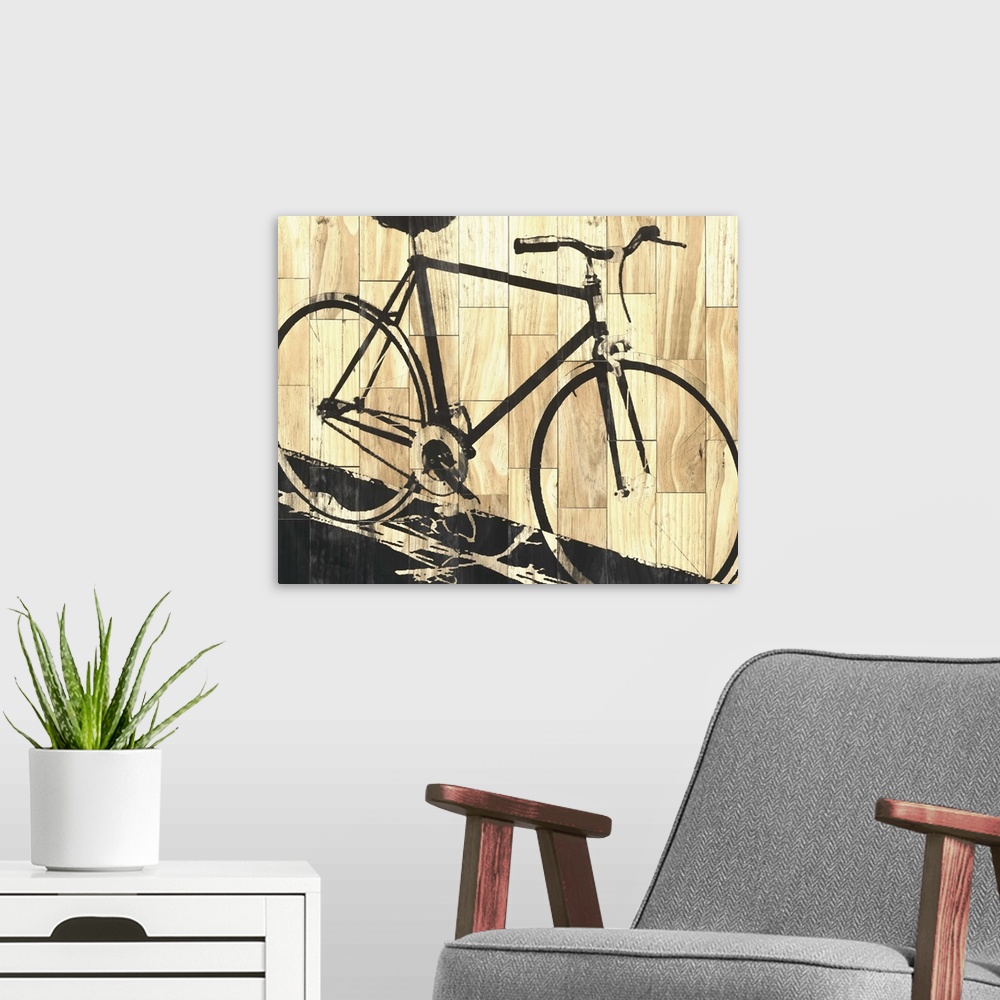 A modern room featuring Painting of a bicycle on wooden blocks.