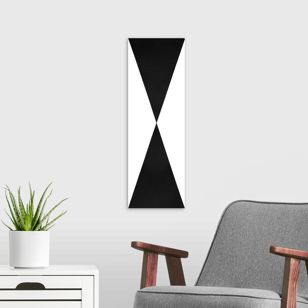 A modern room featuring Large abstract painting with crisp geometric shapes all meeting at one center point in black and ...