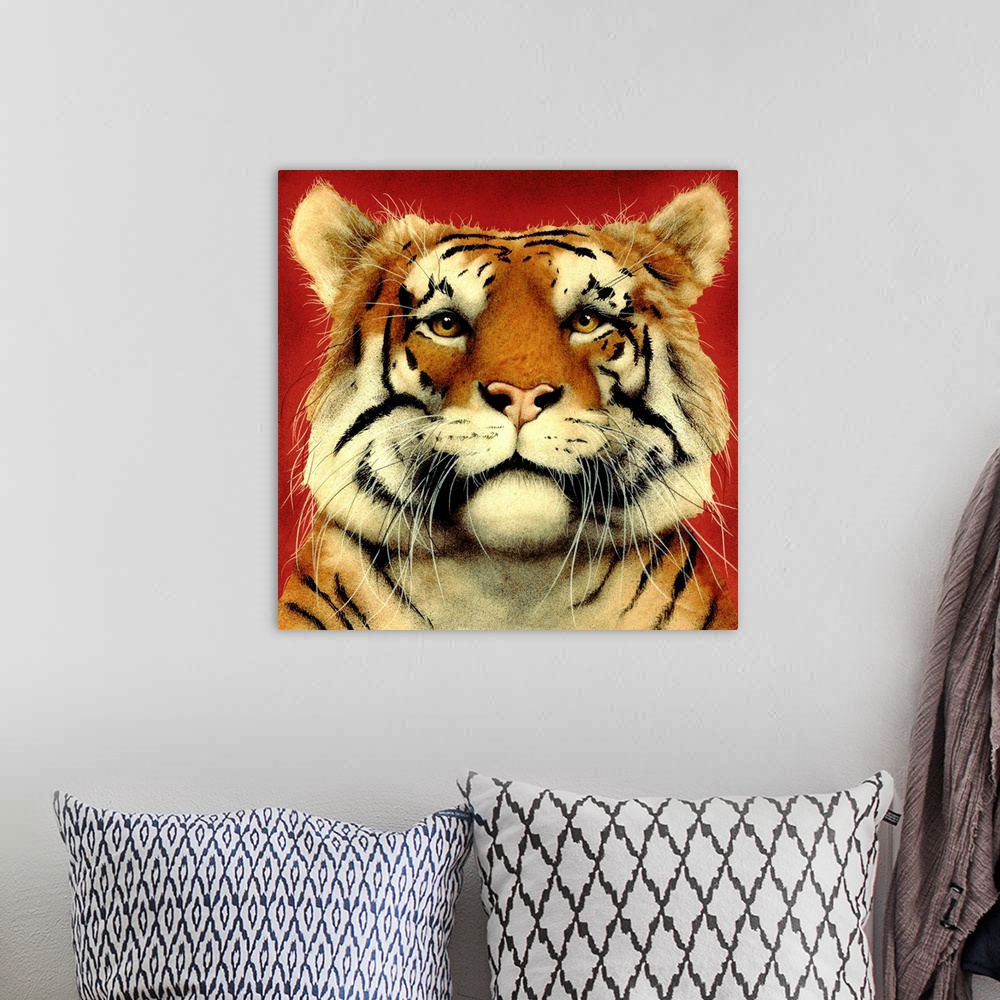 A bohemian room featuring Contemporary artwork of a tiger portrait against a red background.