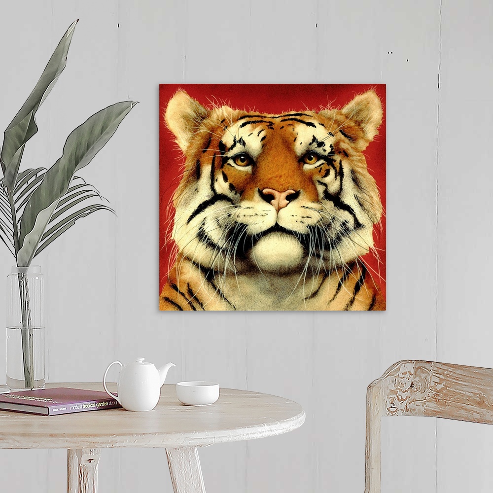 A farmhouse room featuring Contemporary artwork of a tiger portrait against a red background.