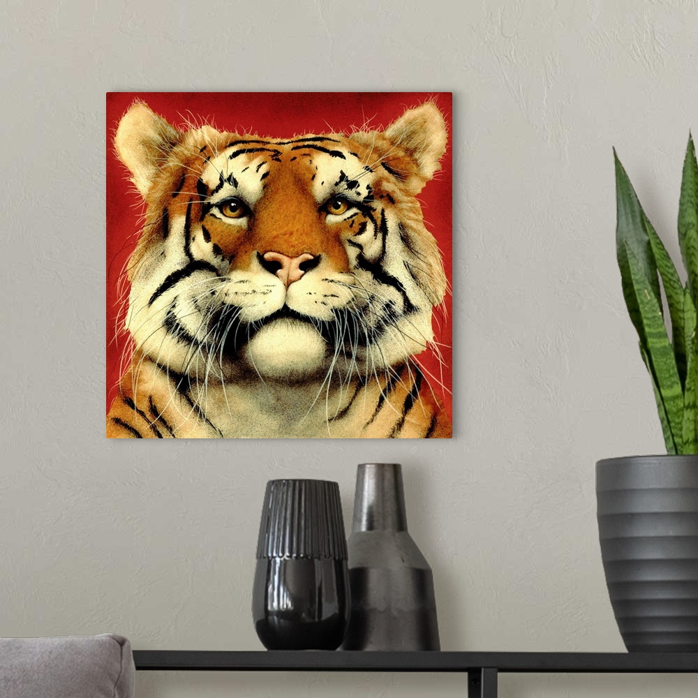 A modern room featuring Contemporary artwork of a tiger portrait against a red background.
