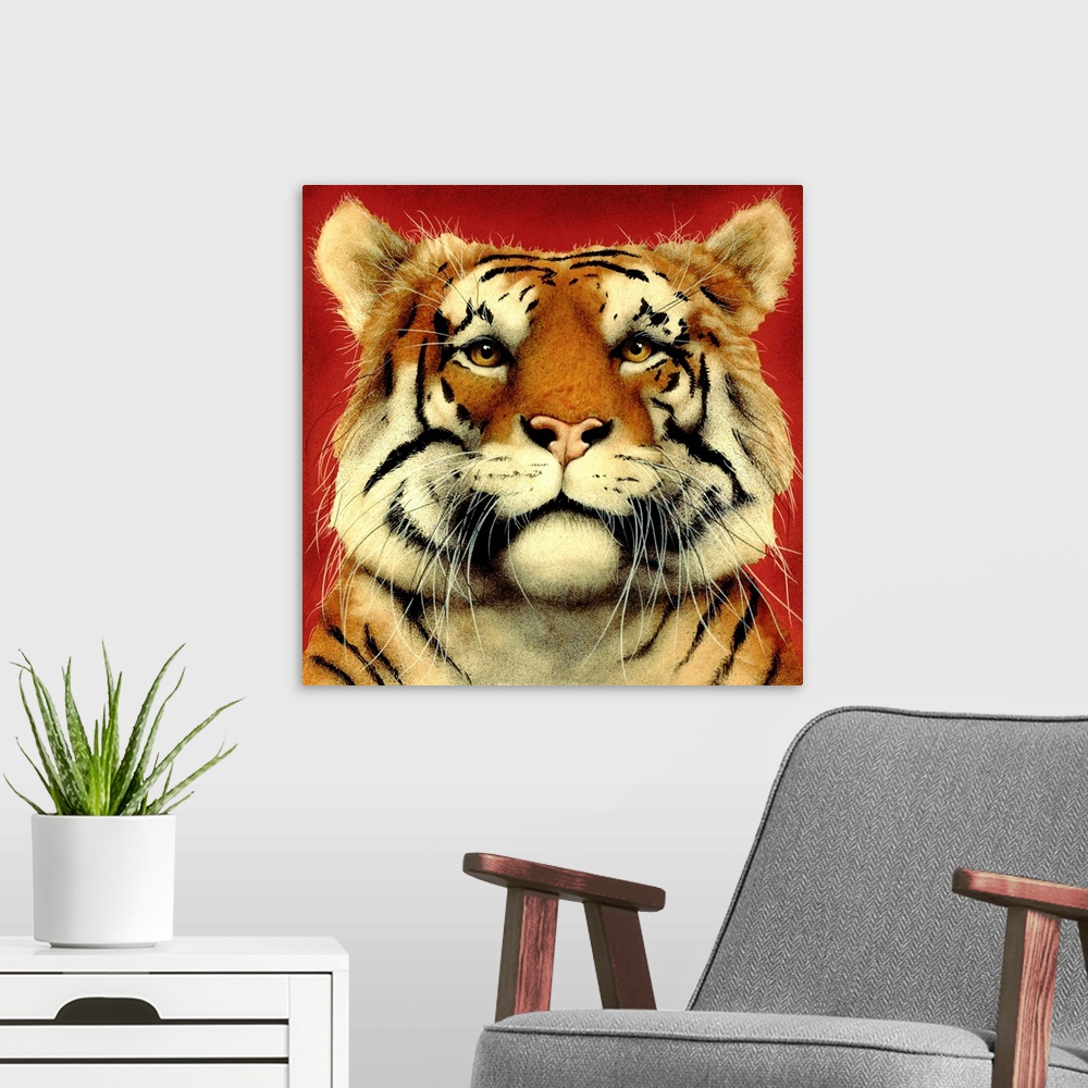 A modern room featuring Contemporary artwork of a tiger portrait against a red background.