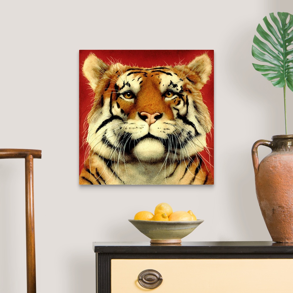 A traditional room featuring Contemporary artwork of a tiger portrait against a red background.