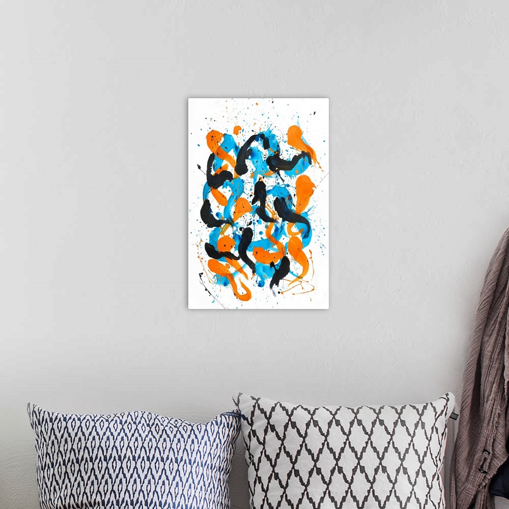 A bohemian room featuring Busy abstract painting created with bold, sporadic lines in blue and orange hues on a white backg...