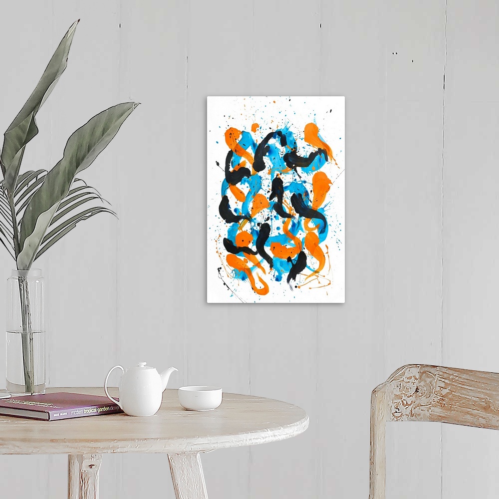 A farmhouse room featuring Busy abstract painting created with bold, sporadic lines in blue and orange hues on a white backg...