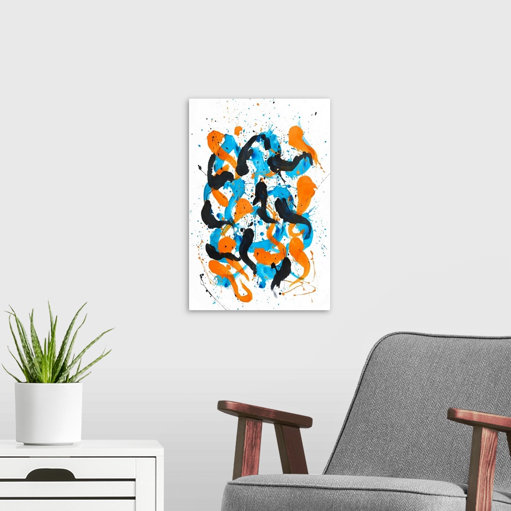 A modern room featuring Busy abstract painting created with bold, sporadic lines in blue and orange hues on a white backg...