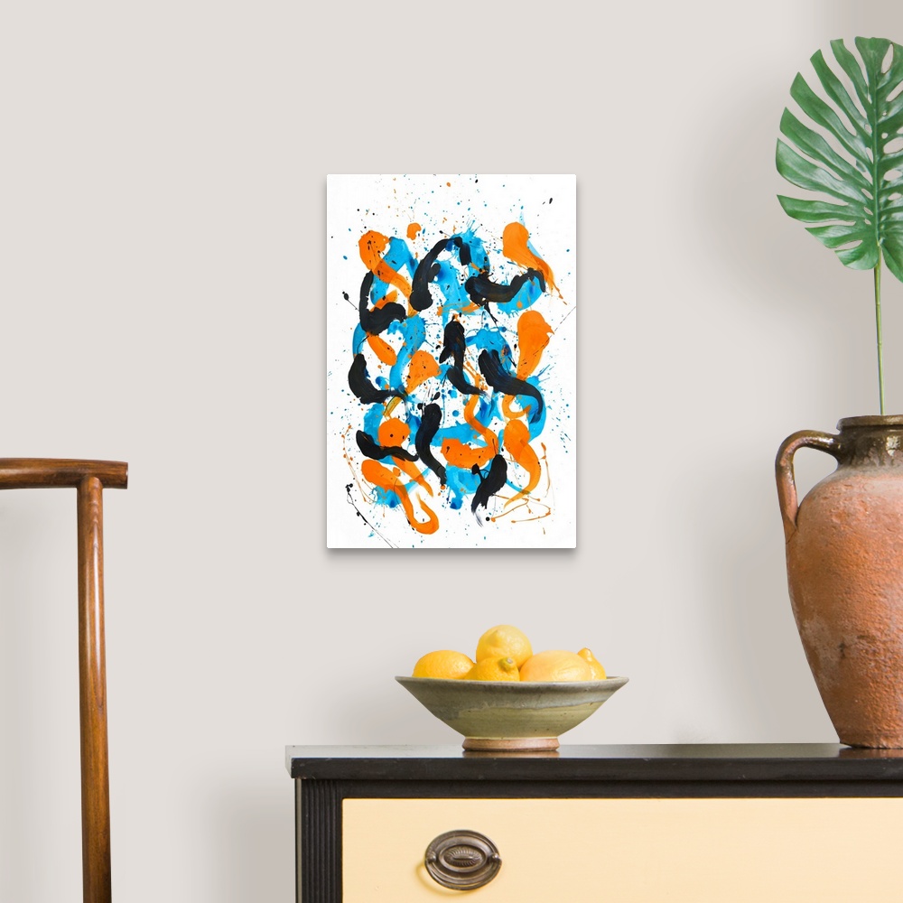A traditional room featuring Busy abstract painting created with bold, sporadic lines in blue and orange hues on a white backg...