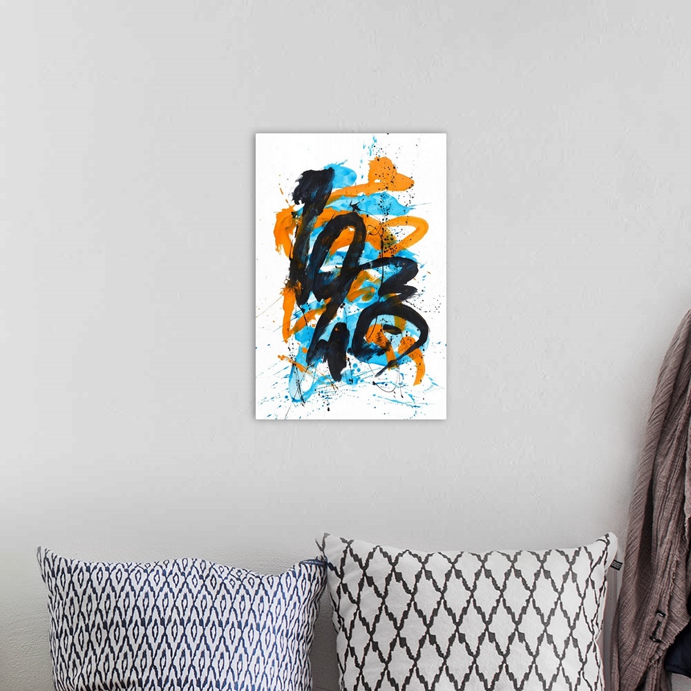A bohemian room featuring Busy abstract painting created with bold, sporadic lines in blue and orange hues on a white backg...