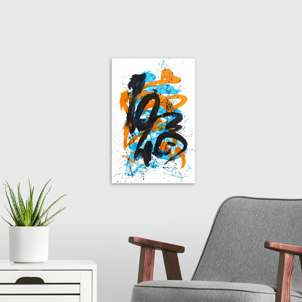 A modern room featuring Busy abstract painting created with bold, sporadic lines in blue and orange hues on a white backg...