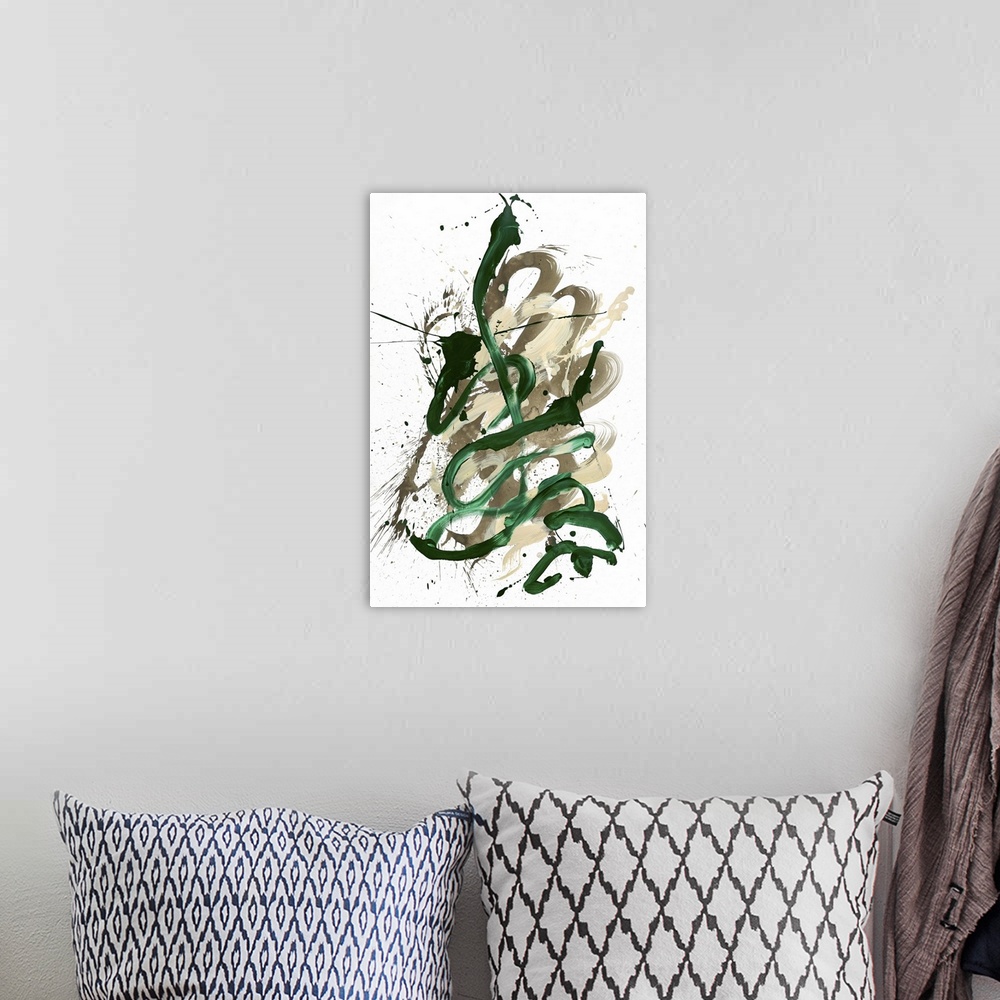 A bohemian room featuring Busy abstract painting created with bold, sporadic lines in dark green and shades of beige hues o...