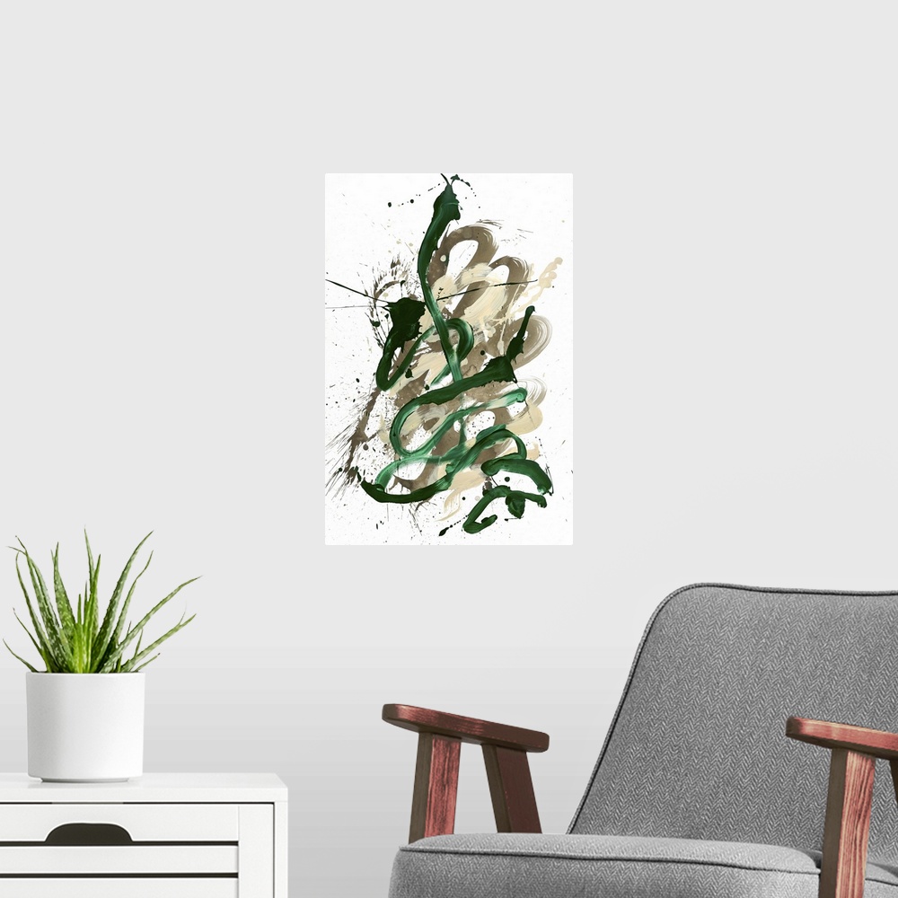 A modern room featuring Busy abstract painting created with bold, sporadic lines in dark green and shades of beige hues o...