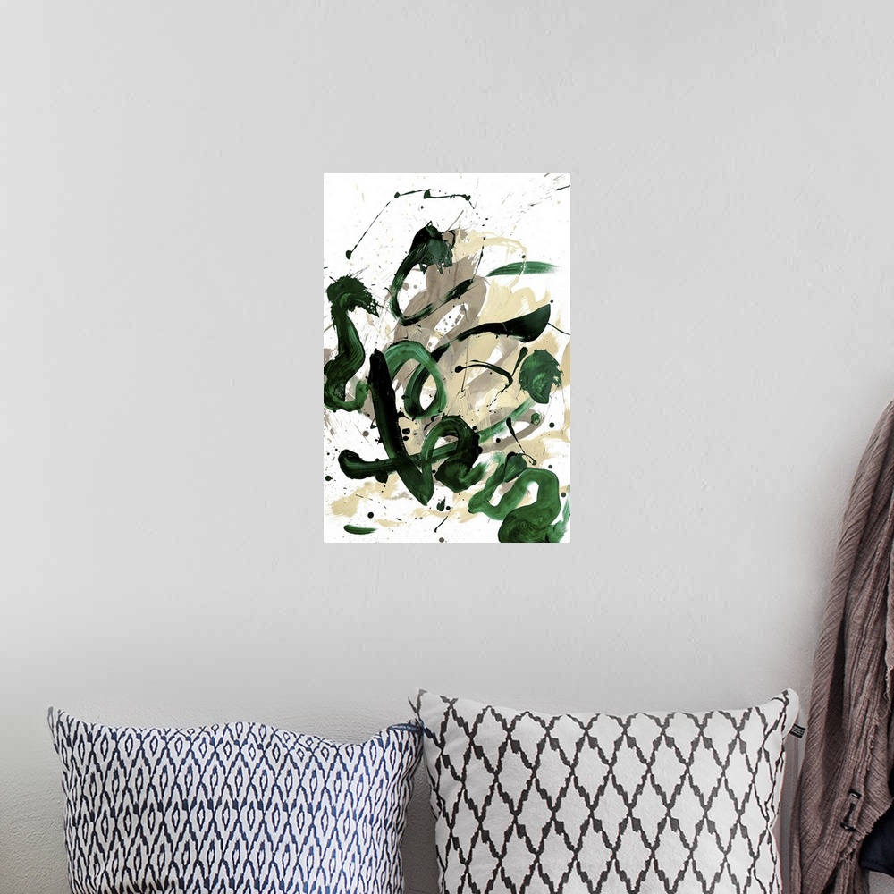 A bohemian room featuring Busy abstract painting created with bold, sporadic lines in dark green and shades of beige hues o...