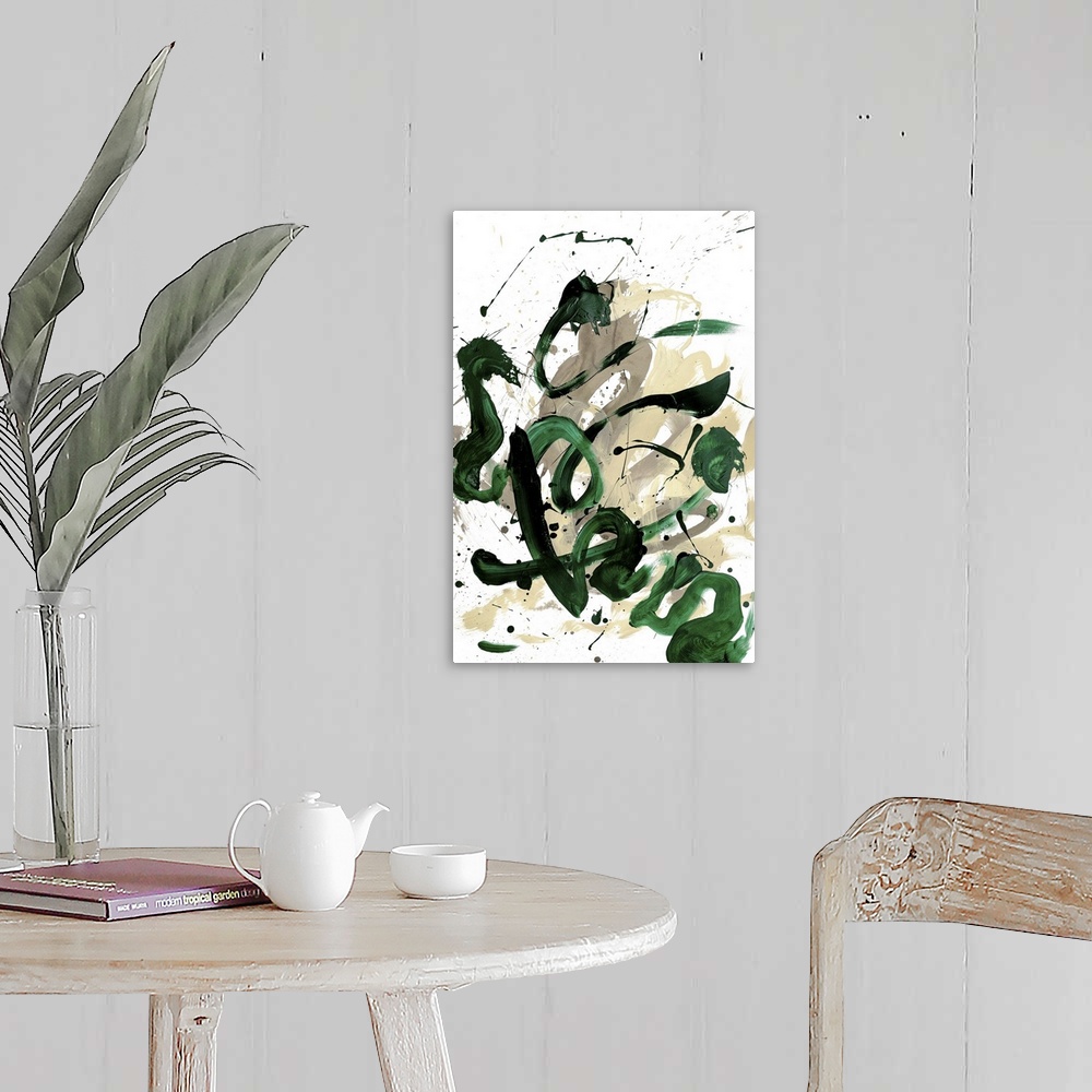 A farmhouse room featuring Busy abstract painting created with bold, sporadic lines in dark green and shades of beige hues o...