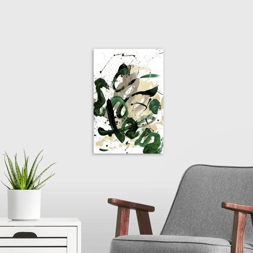 A modern room featuring Busy abstract painting created with bold, sporadic lines in dark green and shades of beige hues o...