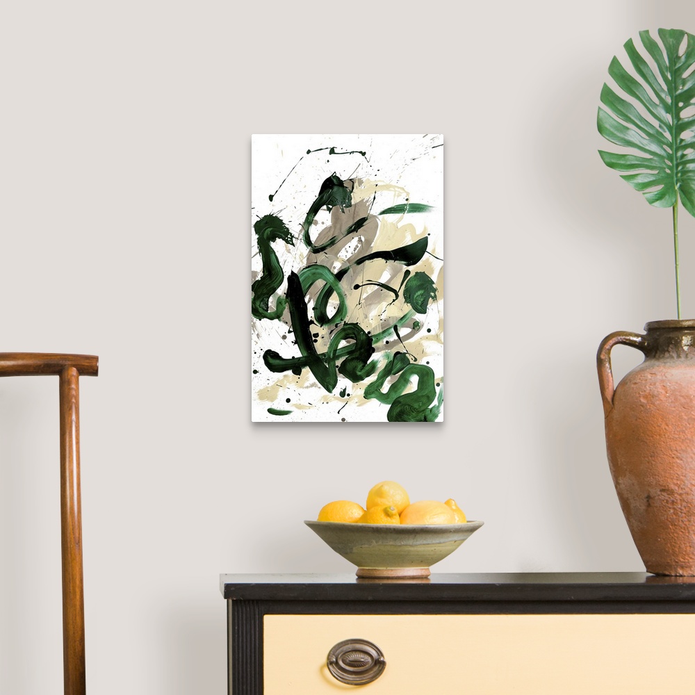 A traditional room featuring Busy abstract painting created with bold, sporadic lines in dark green and shades of beige hues o...