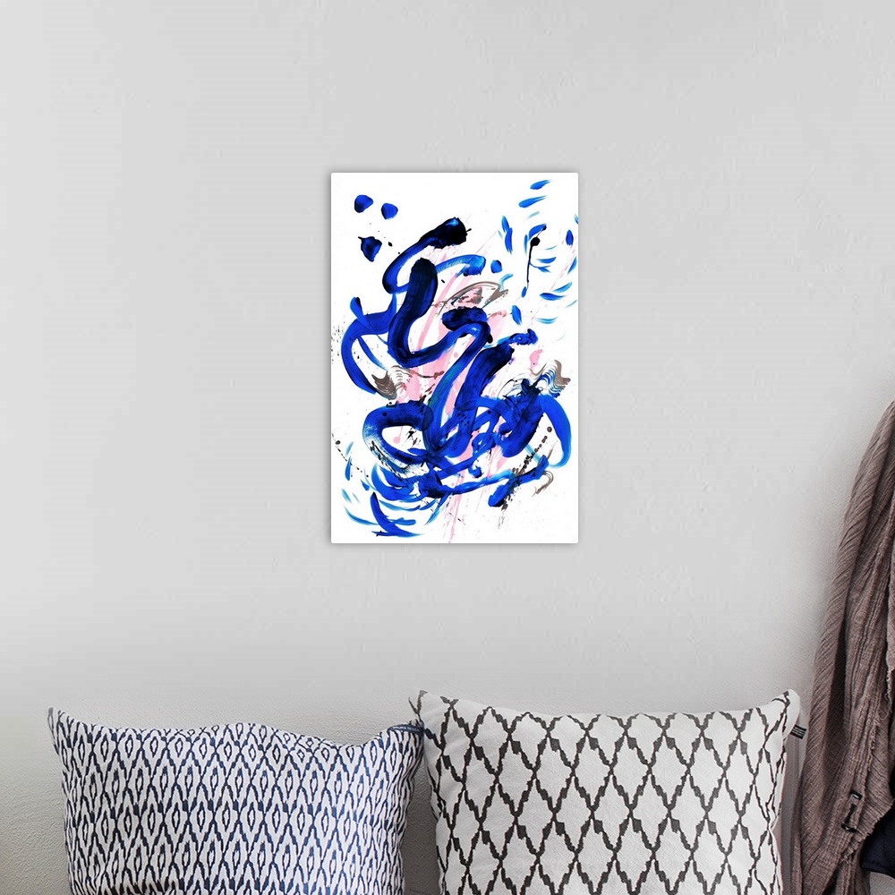 A bohemian room featuring Busy abstract painting created with bold, sporadic lines in royal blue and pink hues with a hint ...