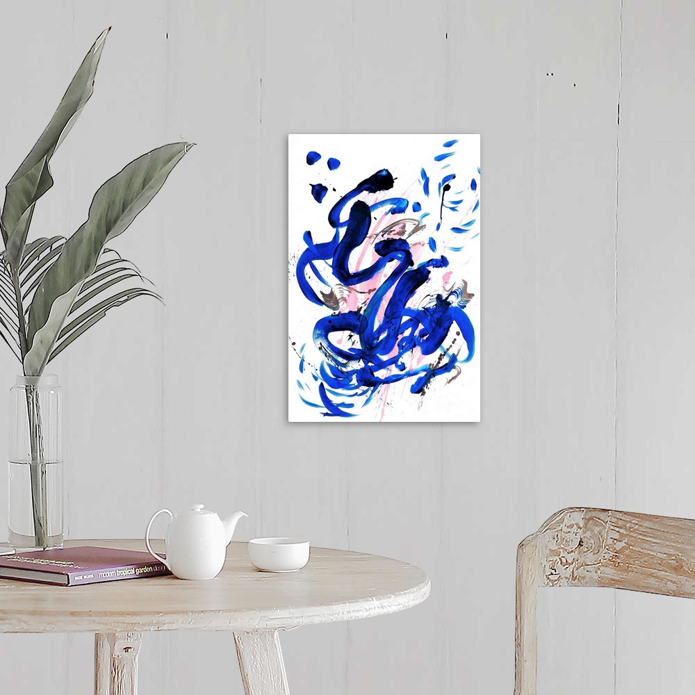 A farmhouse room featuring Busy abstract painting created with bold, sporadic lines in royal blue and pink hues with a hint ...