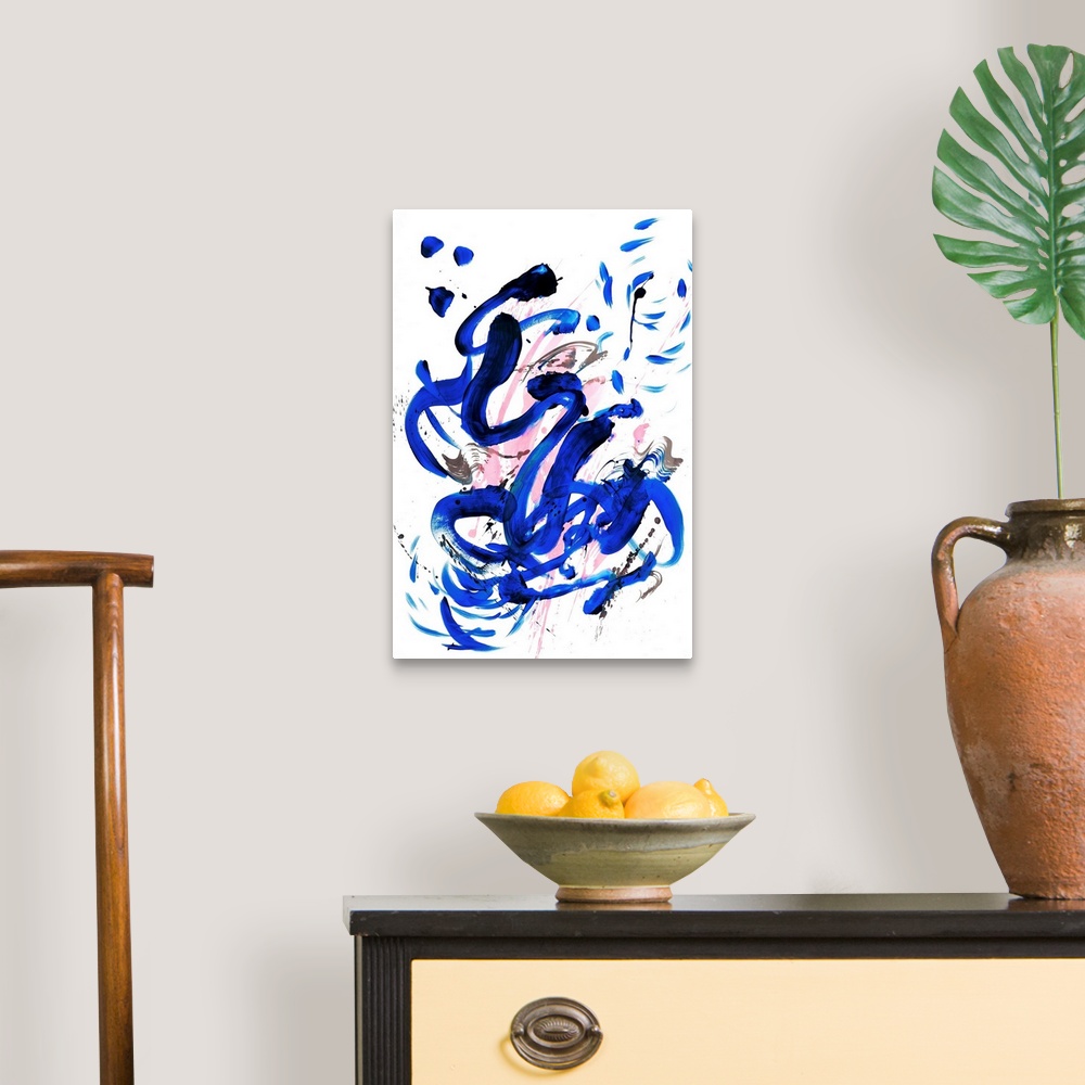 A traditional room featuring Busy abstract painting created with bold, sporadic lines in royal blue and pink hues with a hint ...