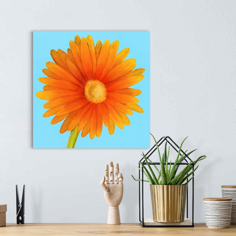 A bohemian room featuring A contemporary painting of a close-up of an orange flower against a blue background.
