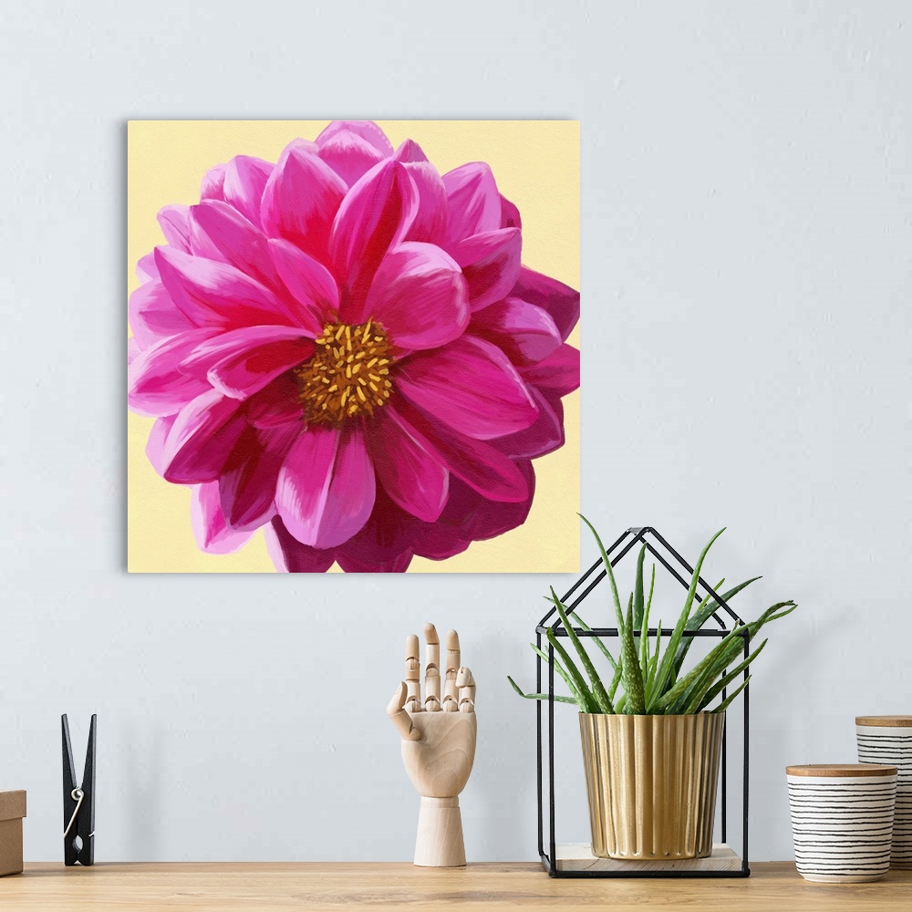 A bohemian room featuring A contemporary painting of a close-up of a pink flower against a yellow background.