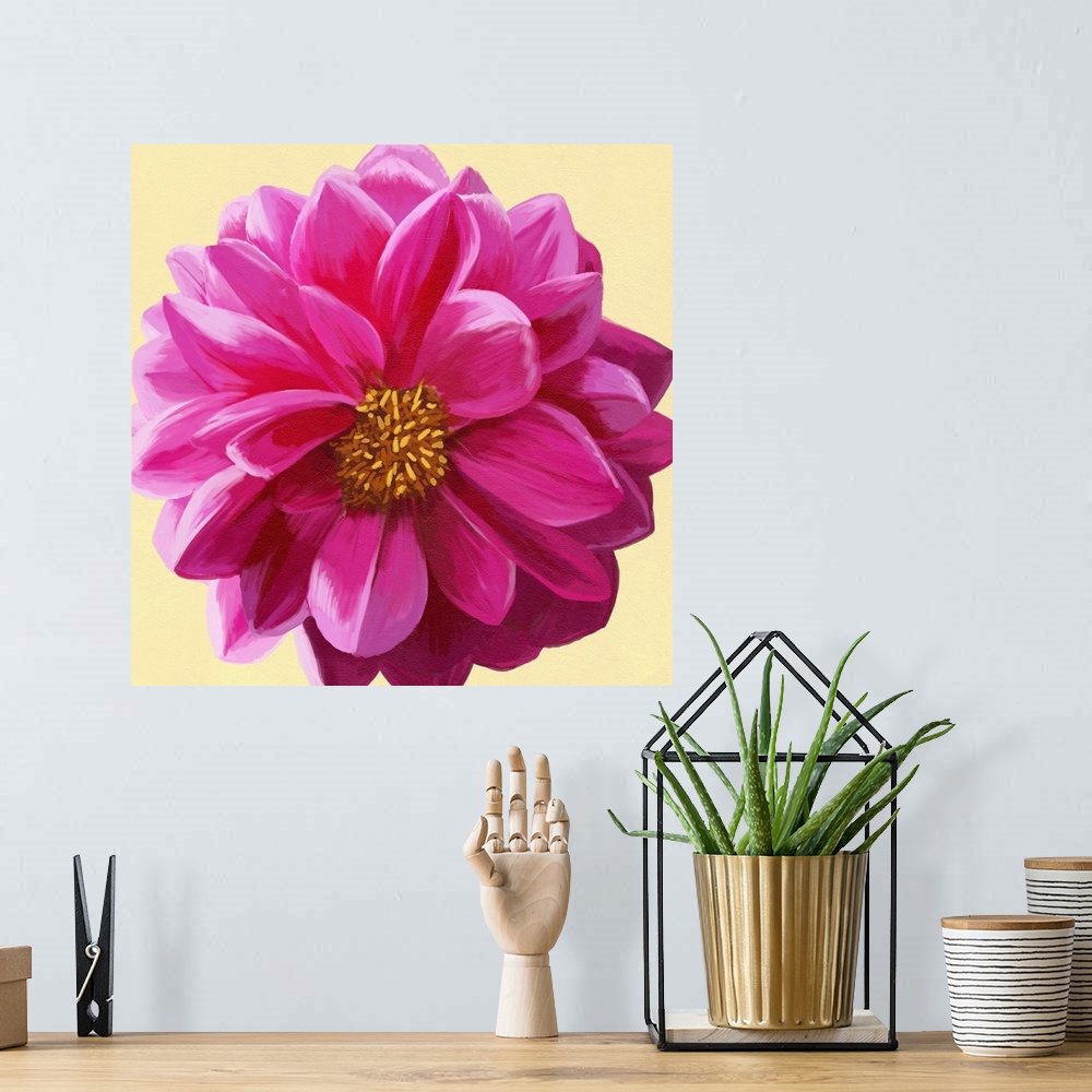 A bohemian room featuring A contemporary painting of a close-up of a pink flower against a yellow background.