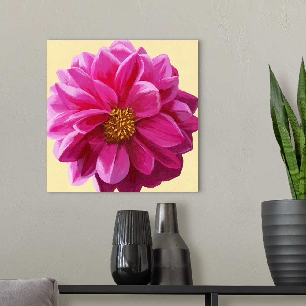 A modern room featuring A contemporary painting of a close-up of a pink flower against a yellow background.