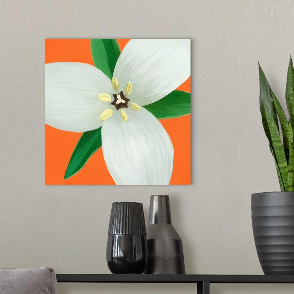 A modern room featuring A contemporary painting of a close-up of a white flower against an orange background.