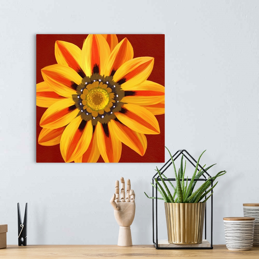 A bohemian room featuring A contemporary painting of a close-up of an orange and yellow flower against a brown background.