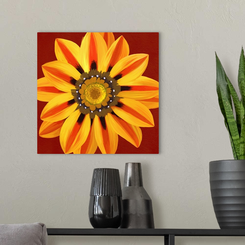 A modern room featuring A contemporary painting of a close-up of an orange and yellow flower against a brown background.