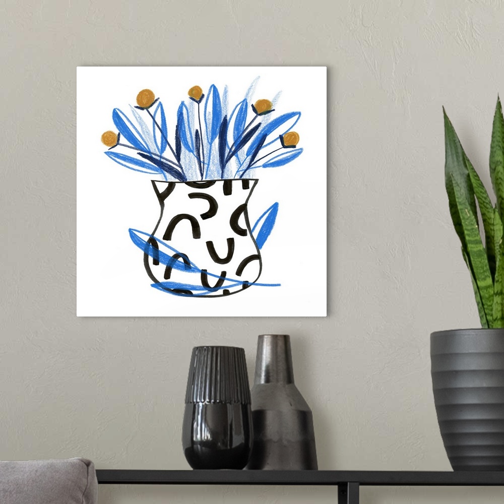 A modern room featuring Illustration of a patterned flower pot holding flowers with blue leaves.