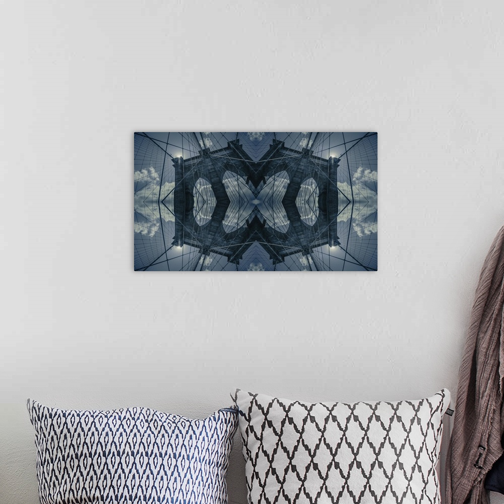 A bohemian room featuring Abstract photograph of a bridge in NYC edited together to resemble a kaleidoscope view.