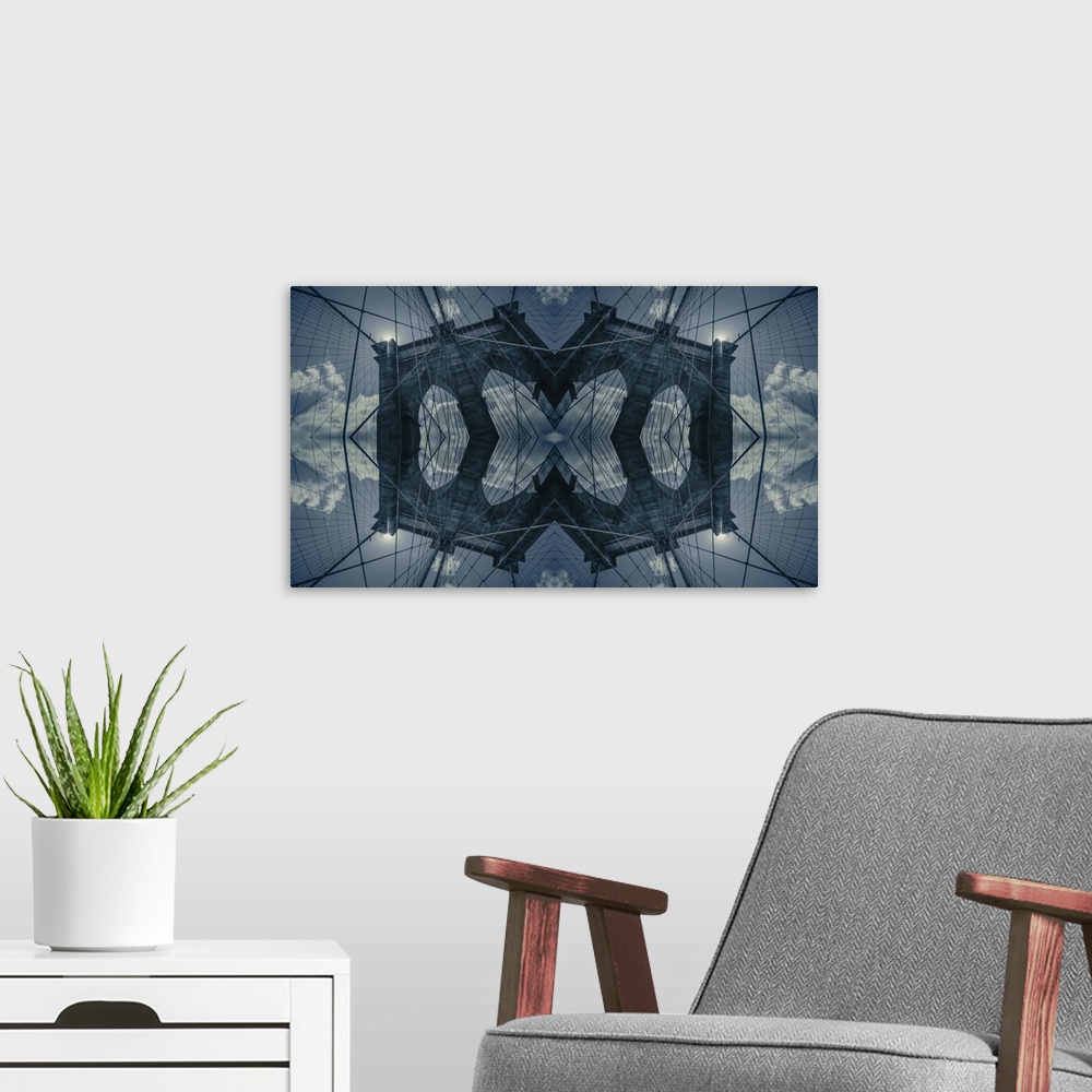 A modern room featuring Abstract photograph of a bridge in NYC edited together to resemble a kaleidoscope view.