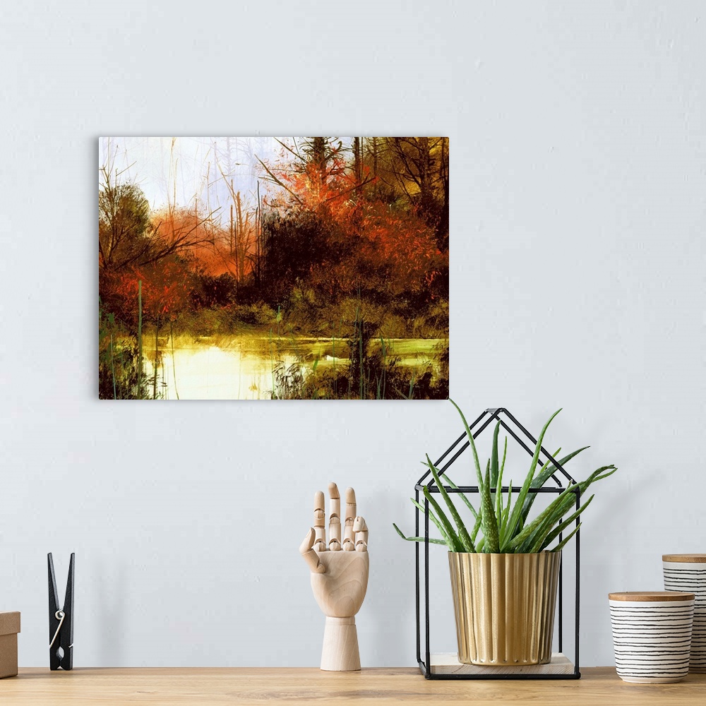 A bohemian room featuring Contemporary landscape painting of a forest created with deep red and green hues.