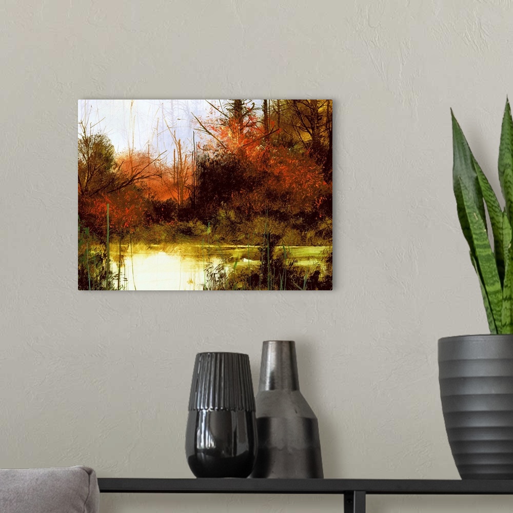 A modern room featuring Contemporary landscape painting of a forest created with deep red and green hues.