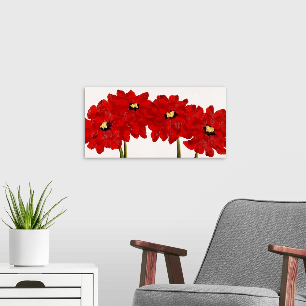 A modern room featuring Panoramic contemporary art portrays a group of warm toned flowers against a blank background.  Ar...
